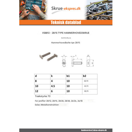 1 x Vis m-hastighed hammer hoved 10X10X4,5 M10X20 Rustfrit stål A4 til 28/15 profiler