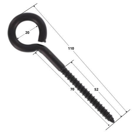 1 x øje skrue Træ Rustfrit stål A4 Sort 8X108 Gevind 70 øje 20