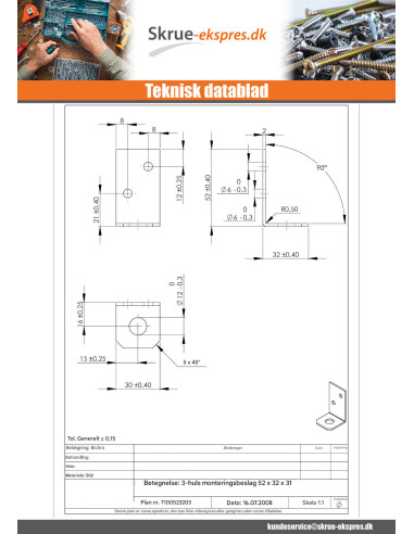 1 x Beslag 52X32X30 3 huller gul zink