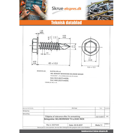 1 x Selvborende skrue Sekskantet hoved 6,3X40 Rustfrit stål A2 RAL9005 dyb sort