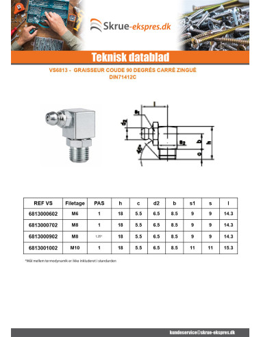 1 x 90° gebogen smeernippel Firkantet M10 trin...