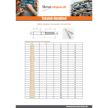 1 x Skruebeslag af træ og metal Rustfrit stål A2 8X80