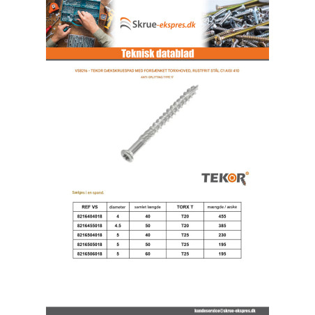 1 x Spand med 230 Terrasseskrue TEKOR 5X40 spids anti-kløvning type 17 cut Stål C1 AISI 410 forsænket hoved T25