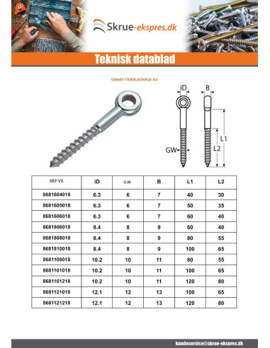 1 x øjebolt Træ 6X40 Gevind 30 øje 6.3 Rustfrit...