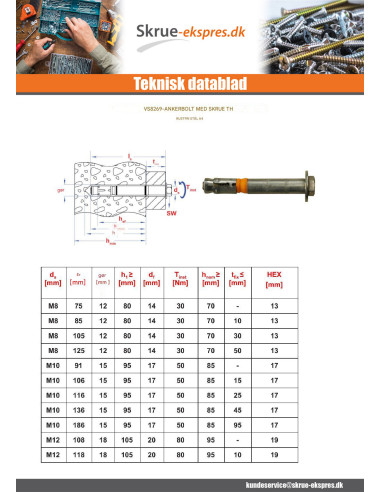 1 x Bolt med møtrik Anker M8X105 med Vis...