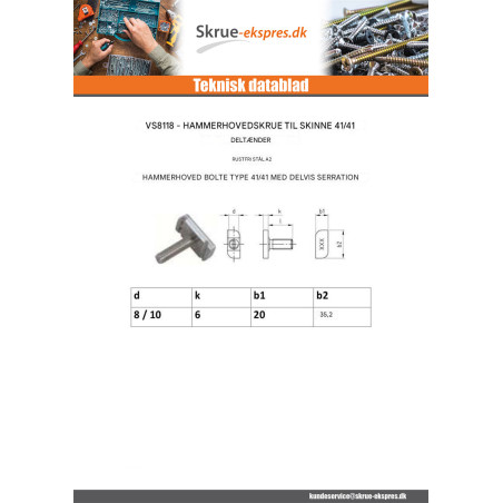 1 x Vis m-hastighed hammer hoved 20X35.2X6 M10X30 Rustfrit stål A2 T41/41