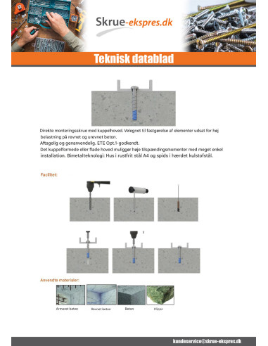 1 x Skrue til beton panhoved T40 8X60 Bimetal