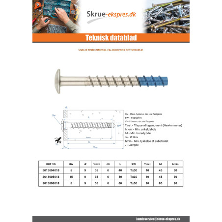 1 x Skrue til beton hoved Pan hoved TORX T30 6X60 Bimetal