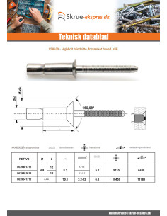 Blindnitte i stÃ¥l HIBOLT forsænket hoved 6,4X17 Tykkelse... 2