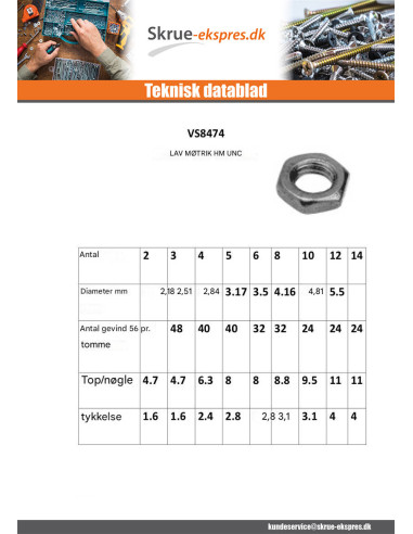 1 x Sekskantet møtrik N8 -32 UNC Rustfrit stål A2