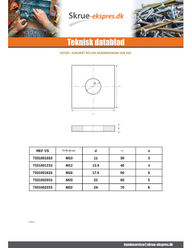 1 x Skiver Firkantet naturlig nylon M12X40X4