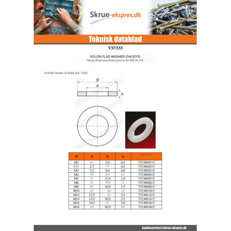 1 x Skiver flad naturlig nylon M3X8X0.8 M