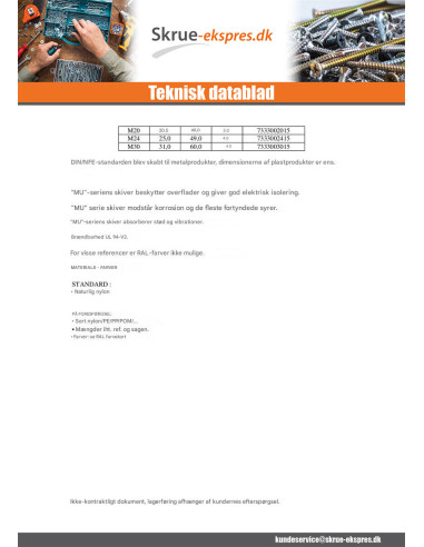 1 x Skiver flad naturlig nylon M3X8X0.8 M