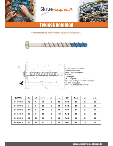1 x Skrue til beton panhoved T40 6X100 Bimetal