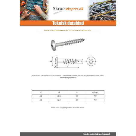 1 x Facade skruer T20 5,5X32 Hoveddiameter 12.3 Rustfrit stål A2