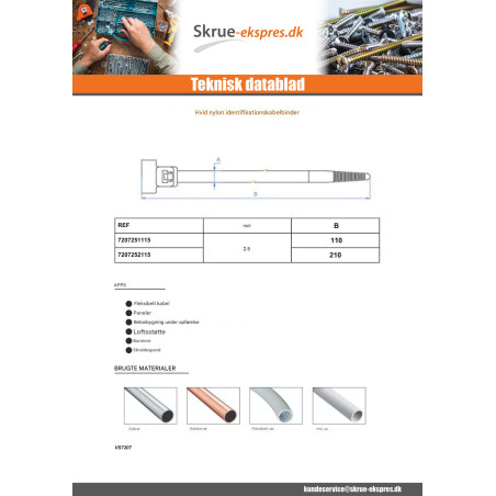 1 x Klemme til stramning i rustfrit stål IDENTIFIKATION hvid nylon 2,5X110