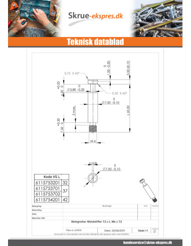 1 x Drejelig metal elforzinket stål 7,5X37 M6-7.5