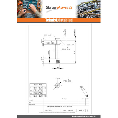 1 x Drejelig metal elforzinket stål 7,5X37 M6-7.5