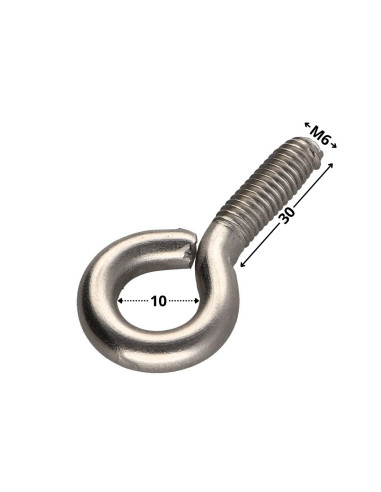 1 x øje skrue metal M6X30 øje 10 Rustfrit stål A2