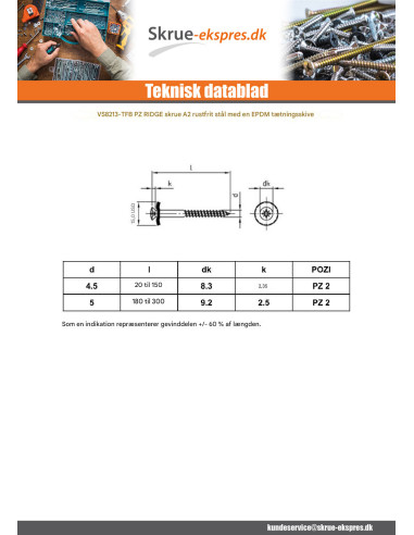 1 x Skrue til tagryg forsænket pan hoved Pozi...
