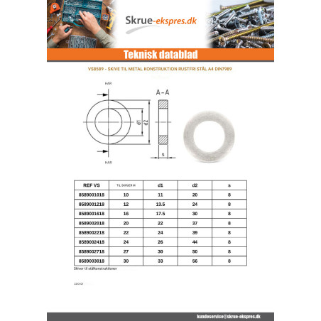 1 x Skiver KONSTRUERE metalisk Rustfrit stål A4 M20X37X8