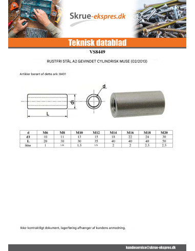 1 x Gevindmuffe cylindrisk gevind M8 11X30...