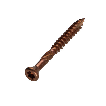 1 x Terrasseskrue TEKOR forsænket pan hoved T25 5X50 spids anti-kløvning type 17 cut Rustfrit stål A4 Brun