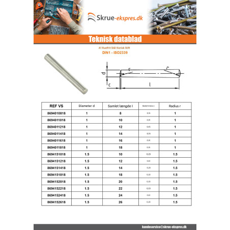 1 x Stift kegleformet 8X30 Rustfrit stål