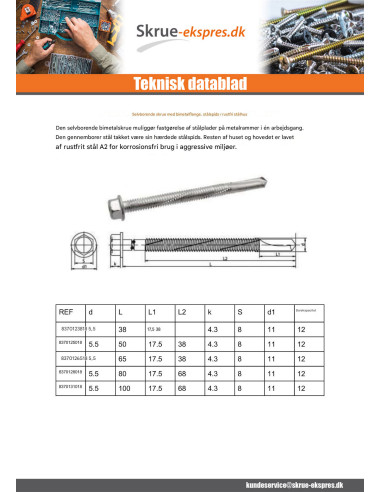 1 x Selvborende skrue Bimetal Sekskantet hoved...