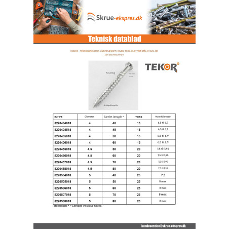 1 x Terrasseskrue TEKOR forsænket pan hoved T20 4,5X70 spids anti-kløvning type 17 cut Rustfrit stål Stål C1 AISI 410