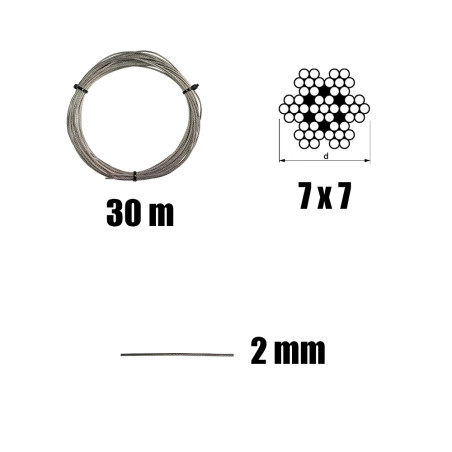 1 x Sæt med 30 meter rustfrit stålkabel diameter 2