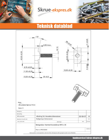 1 x Vis m-hastighed hammer hoved M10X35...