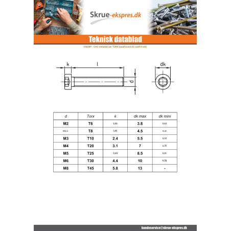 1 x Vis m-hastighed panhoved Flad T25 M5X60 Gevind 38 Rustfrit stål A2