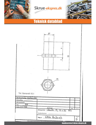 1 x Fatning Sekskantet gul zink 8X20 M5 over...