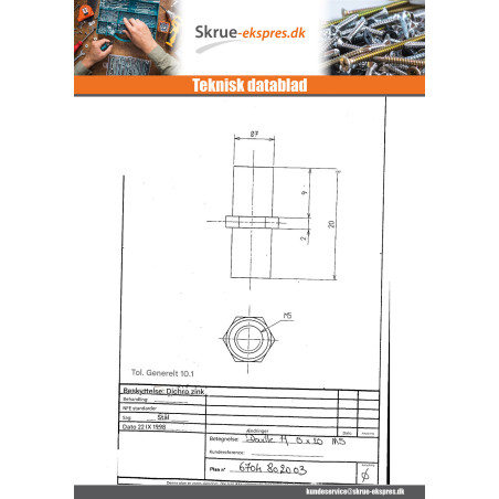 1 x Fatning Sekskantet gul zink 8X20 M5 over flad 8