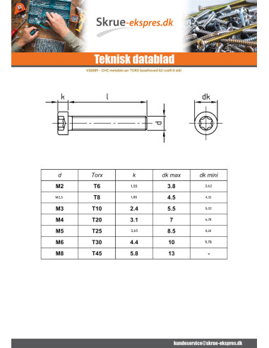1 x Vis m-hastighed panhoved Flad T10 M3X4 Fuld...