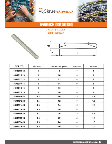 1 x Stift kegleformet 3X28 Rustfrit stål