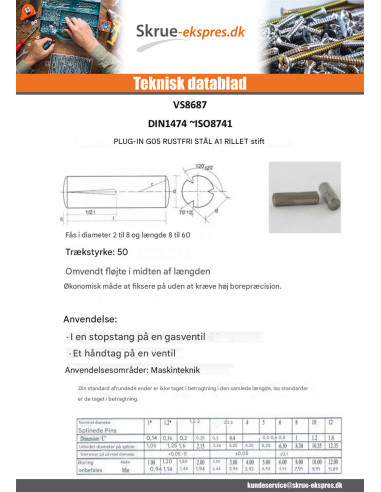 1 x Rillet stift med plug-in Rustfrit stål G05...