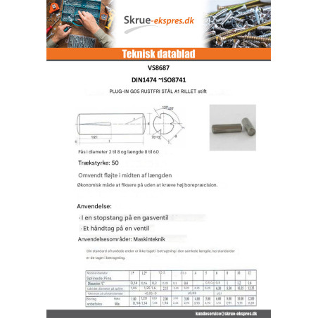 1 x Rillet stift med plug-in Rustfrit stål G05 3X16