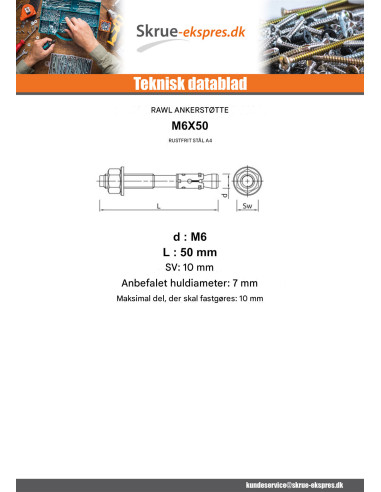 1 x Stift Anker M6X50 Rustfrit stål A4 RAWLPLUG