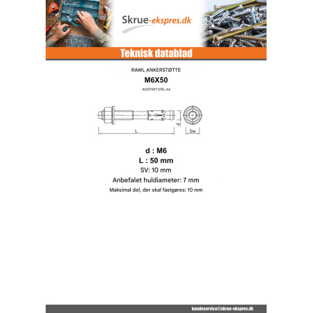 1 x Stift Anker M6X50 Rustfrit stål A4 RAWLPLUG