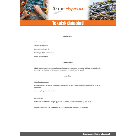 1 x TEKOR skruer trØ og spØnplader Rustfrit stål A2 forsænket hoved med takker T20 4X16 Fuld trÃ¥d spids