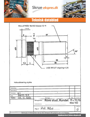 1 x Stift af HJUL M18X57 Gevind 33 trin 150...