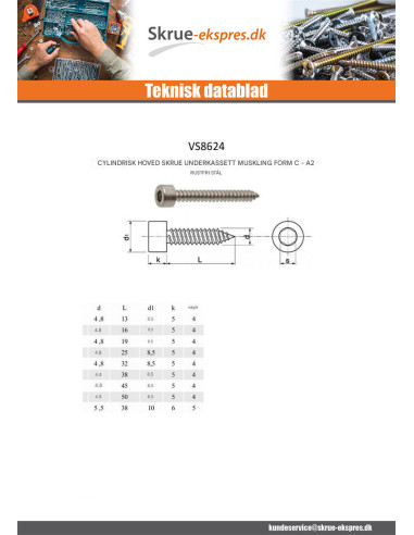 1 x Gevindvalse skrue Fatningshoved Rustfrit...