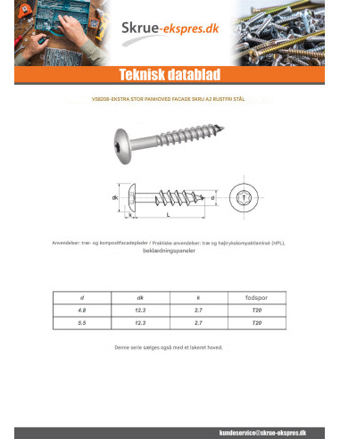 1 x Facade skruer T20 5,5X38 Hoveddiameter 12.3...
