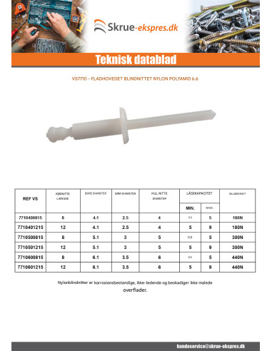 1 x Nitte blind hoved flad Nylon polyamid 6.6 6X8