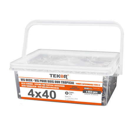 1 x Spand med 455 Terrasseskrue TEKOR 4X40 spids anti-kløvning type 17 cut Stål C1 AISI 410 forsænket hoved T15