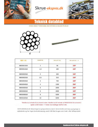 1 x Meter Kabel diameter 6 Rustfrit stål A4...