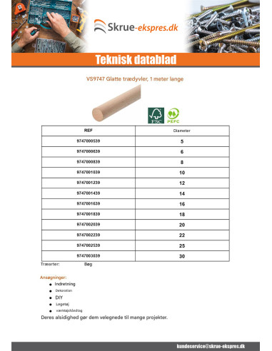 1 x Glat trædyvel diameter 18 længde 1 meter