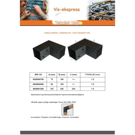 1 x Samleplade EKSPRES i L sort galvaniseret 122X226X224